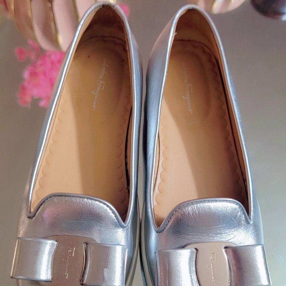 Salvatore Ferragamo Metallic Silver Loafers Used Like New Worn Twice. No Box